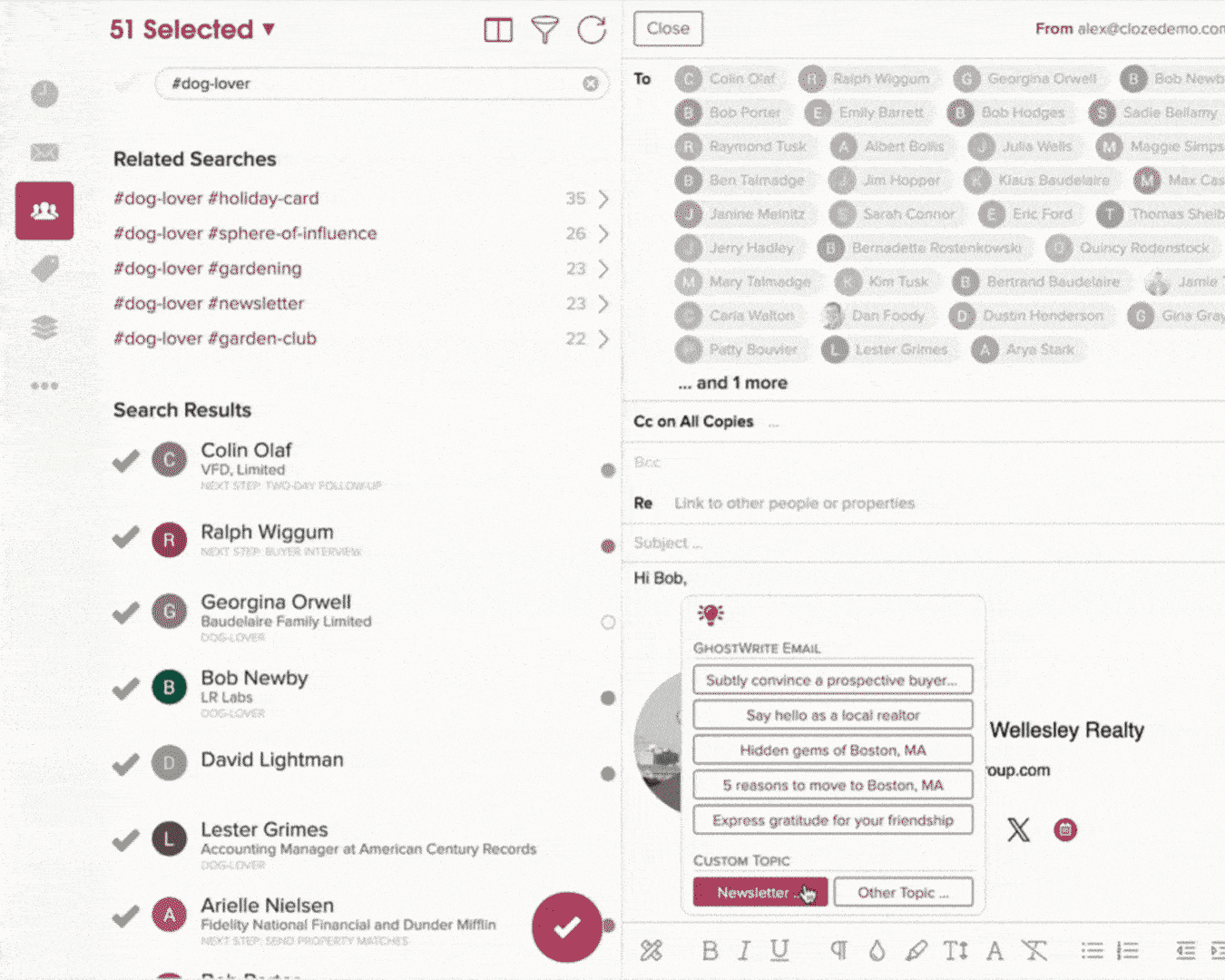 GhostWrite AI email assistant popup with newsletter prompt selection in a CRM contact management dashboard.