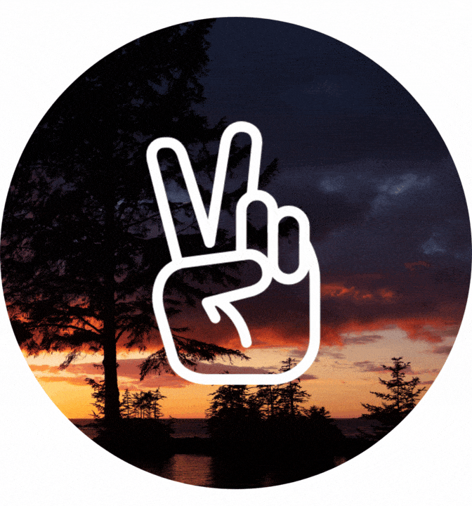White peace sign hand gesture icon overlaid on a scenic sunset landscape with forest trees and water.