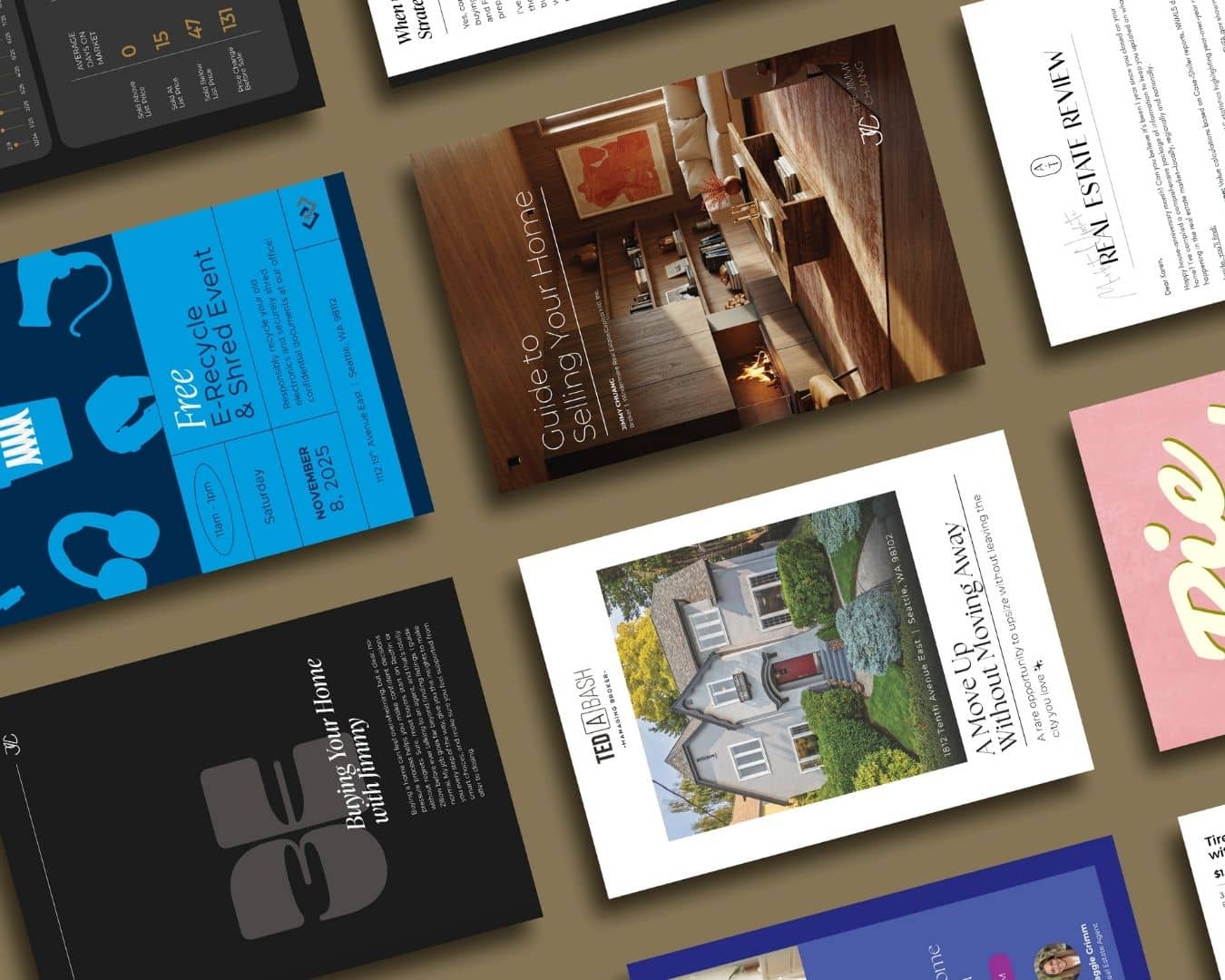 Real estate marketing materials including home selling brochures and community event flyers for Seattle properties.