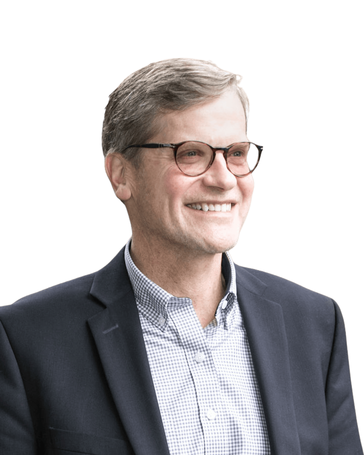 Smiling middle-aged man wearing round glasses, a navy blue blazer, and a checkered shirt against a transparent background.