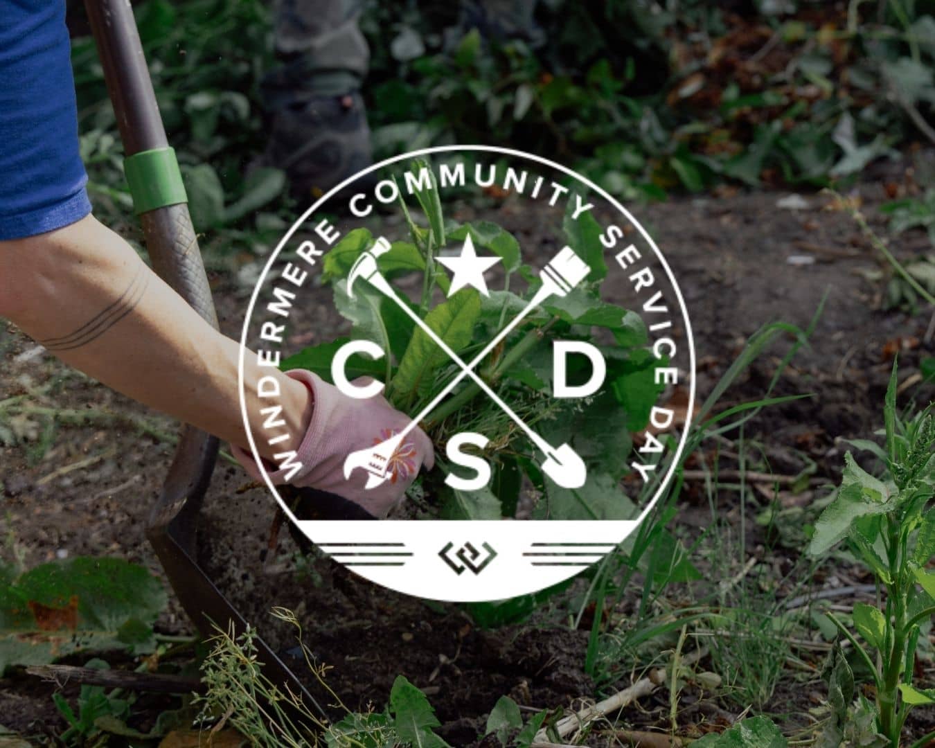 Volunteer gardening with a digging tool for Windermere Community Service Day shown with the WCSD logo.